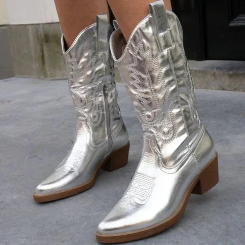 Women's Cowboy Boots with Metallic Finish – Silver