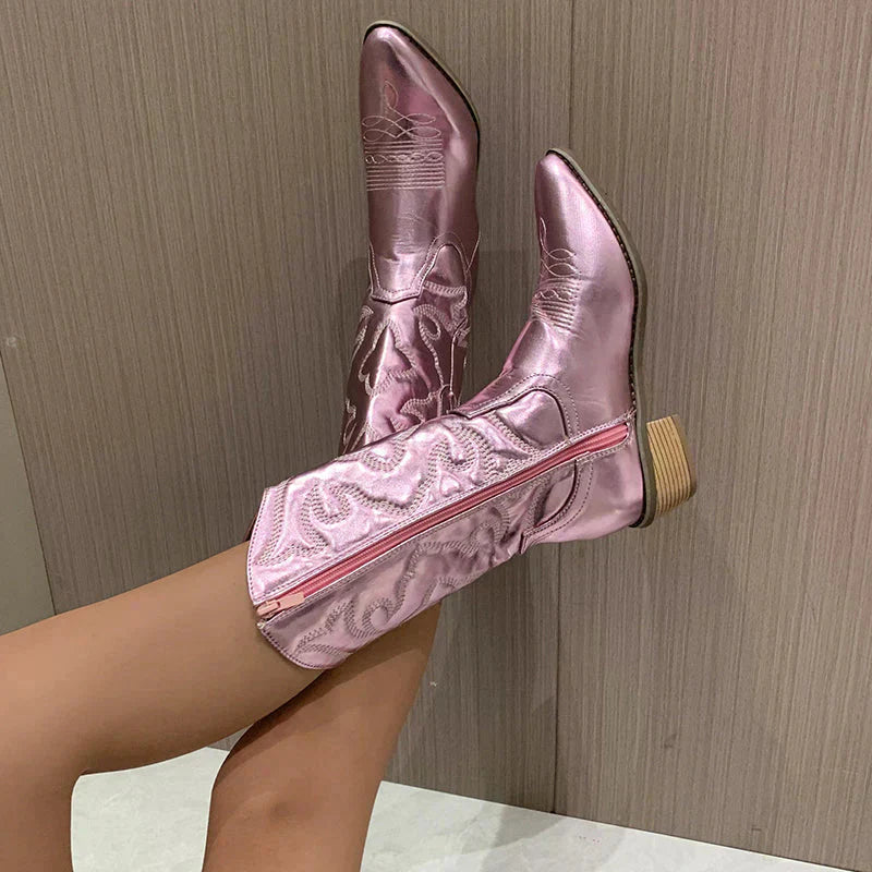 Women's Cowboy Boots with Metallic Finish – Black
