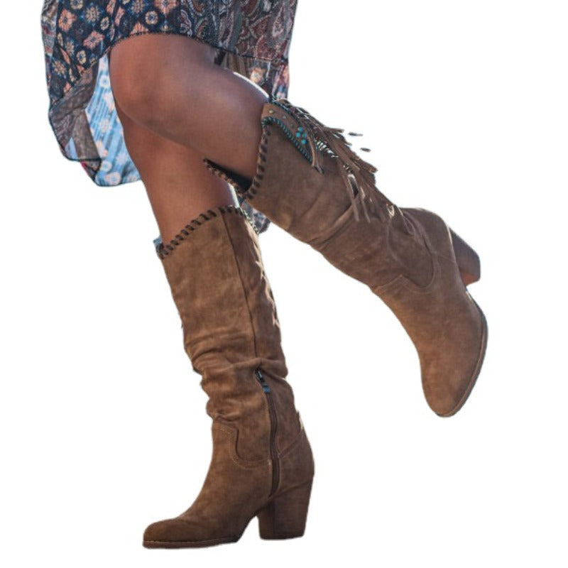 Women's Cowboy Boots with Pointed Toe and Metal Buckle