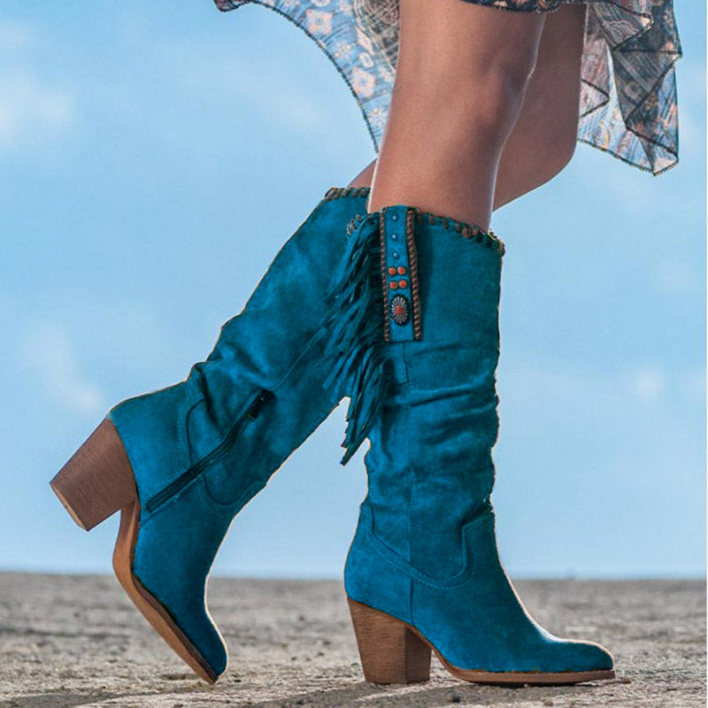 Women's Cowboy Boots with Pointed Toe and Metal Buckle – Blue