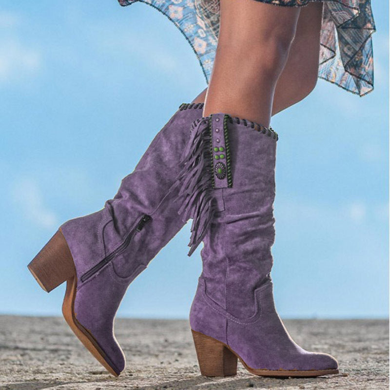 Women's Cowboy Boots with Pointed Toe and Metal Buckle – Purple