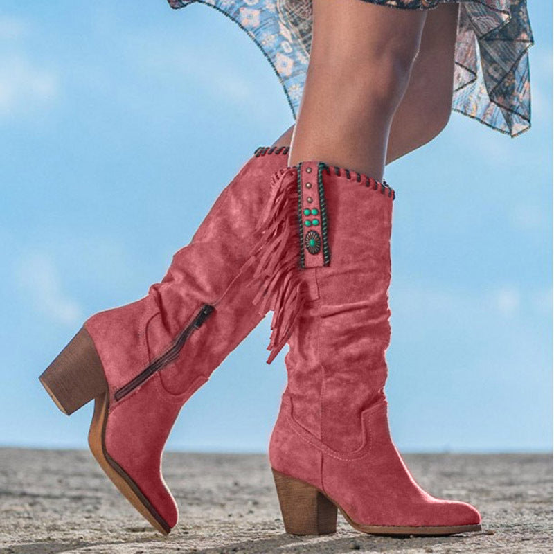 Women's Cowboy Boots with Pointed Toe and Metal Buckle – Red