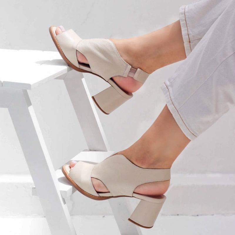 Women's Elegant Block-Heel Sandals with Adjustable Straps – Beige