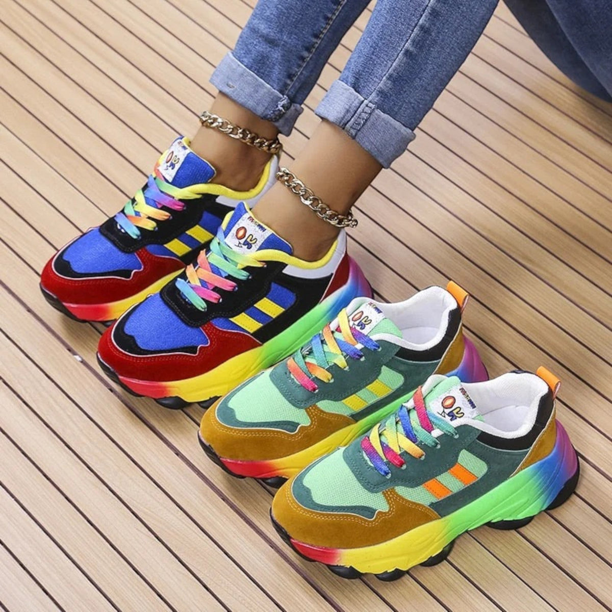 Women's Fashionable Sneakers with Raised Sole – Green