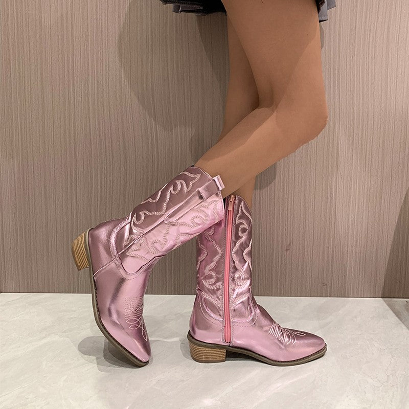 Women's Glossy Western-Style Cowboy Boots – Pink