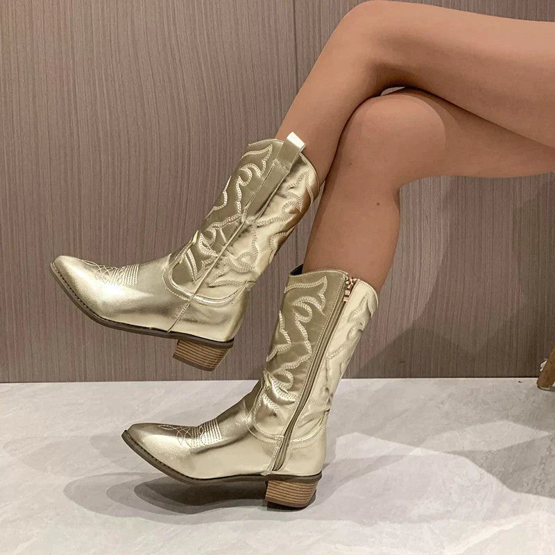 Women's Glossy Western-Style Cowboy Boots – Gold