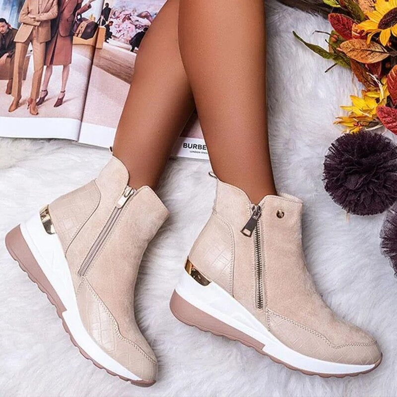 Women's Heeled Ankle Boots with Decorative Details – Beige