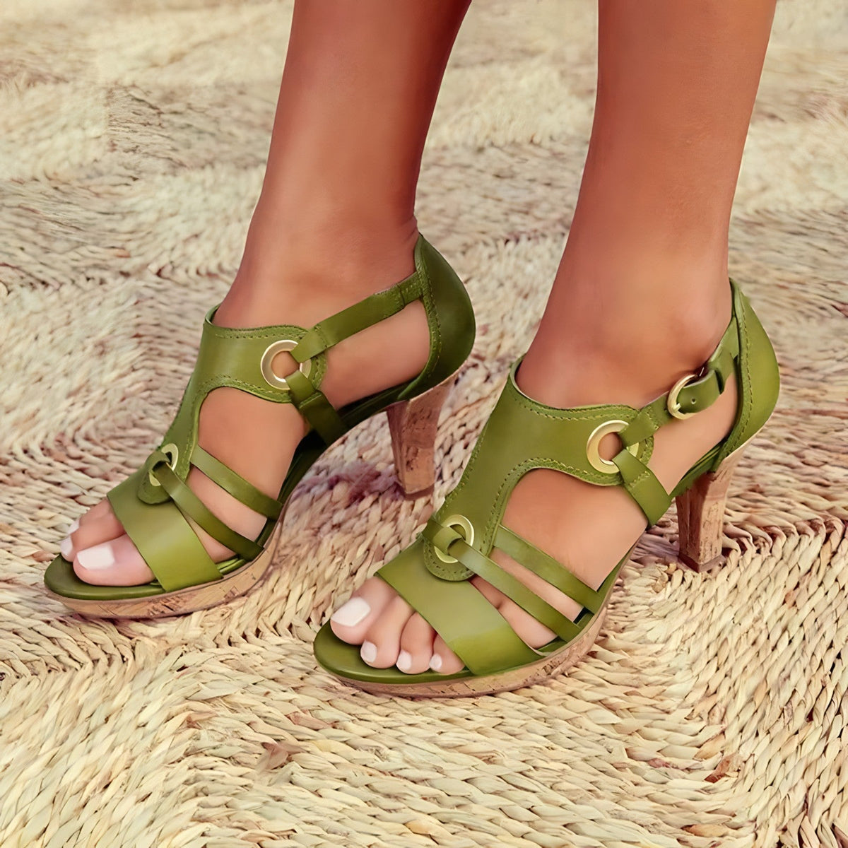 Women's Heeled Sandals with Metal Accents – Green