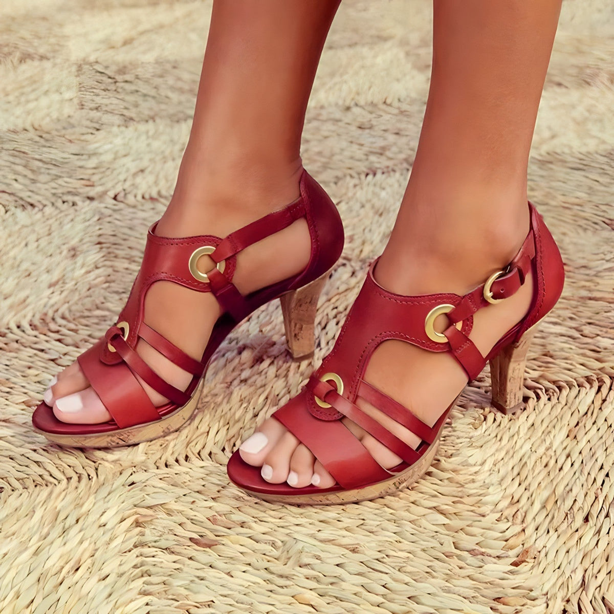 Women's Heeled Sandals with Metal Accents – Red