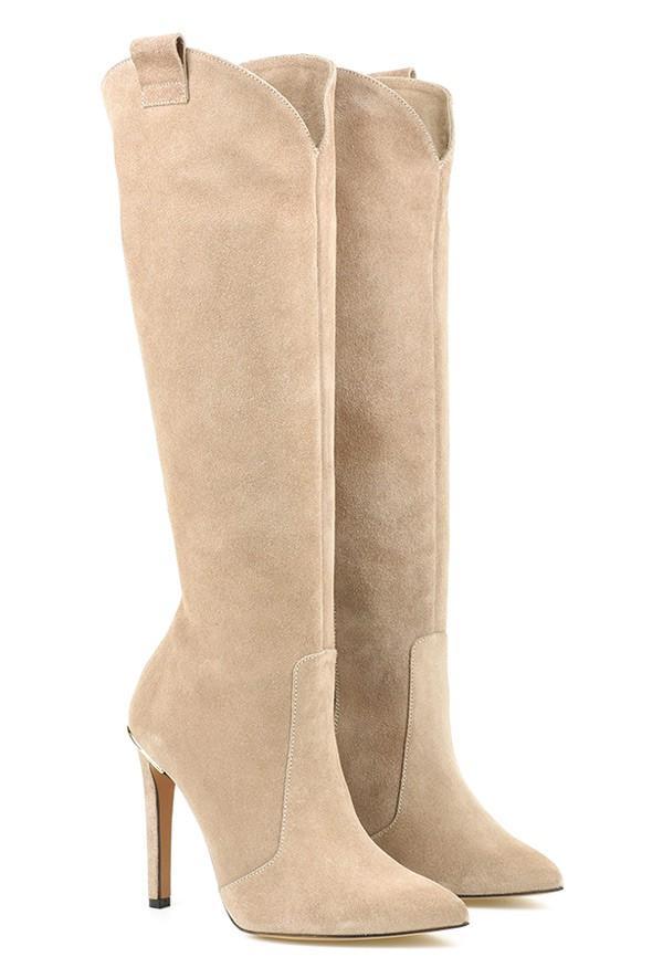 Women's Leather Boots with a Stable Heel – Beige Suede