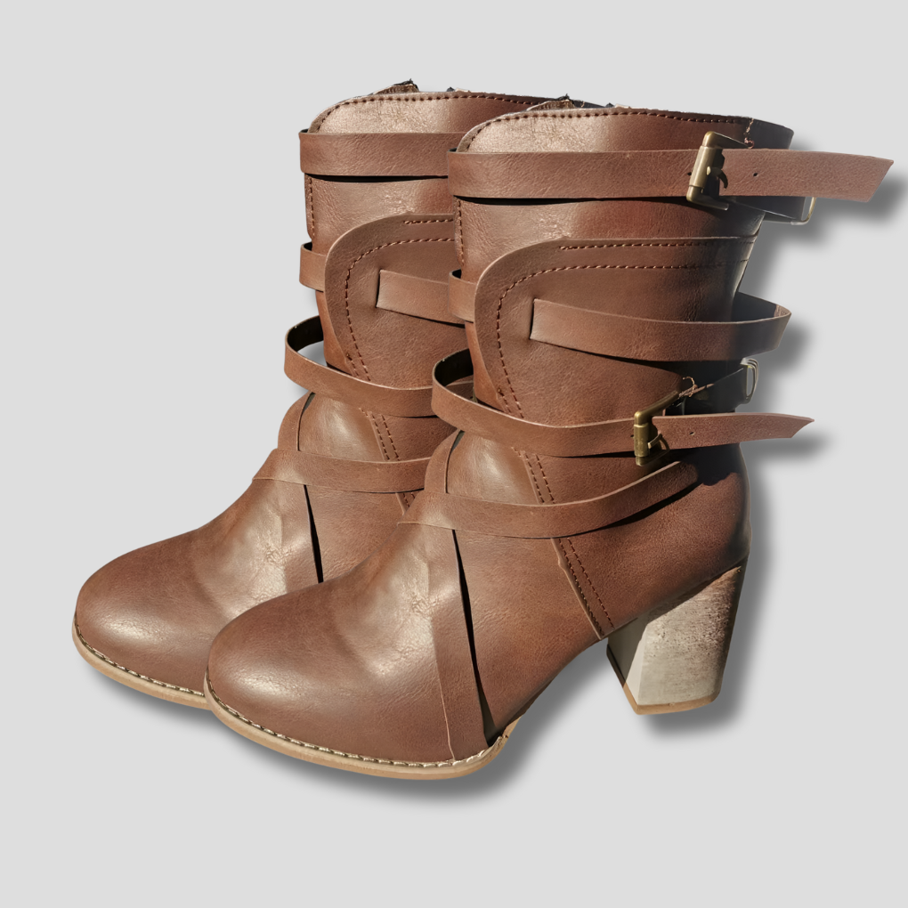 Women's Leather Heeled Ankle Boots in Vintage Style – Coffee