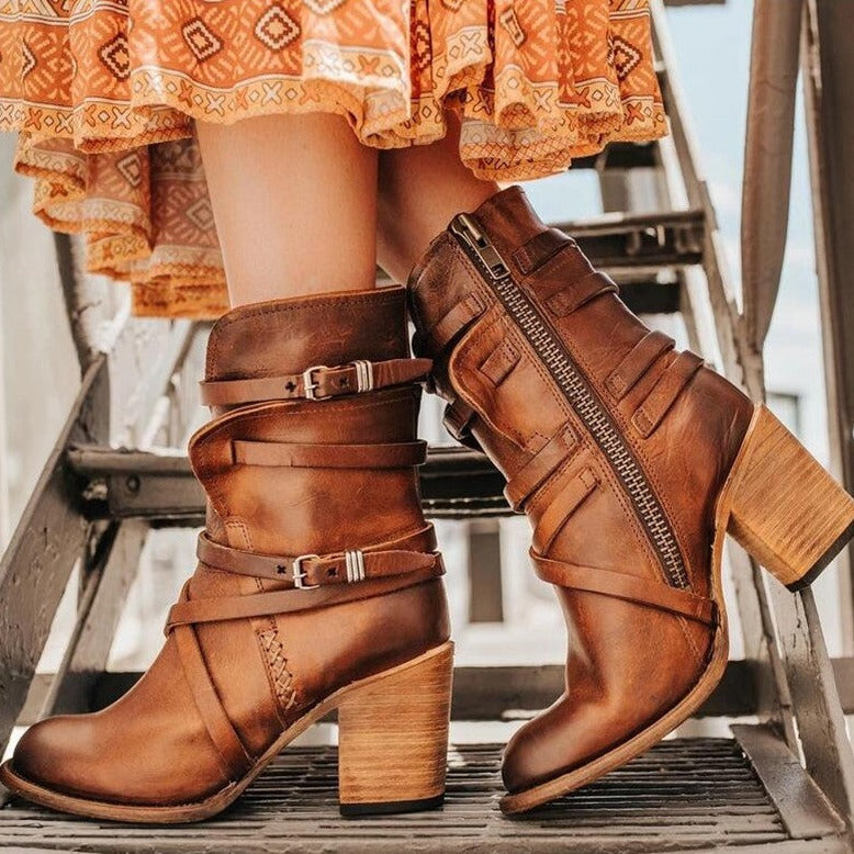 Women's Leather Heeled Ankle Boots in Vintage Style