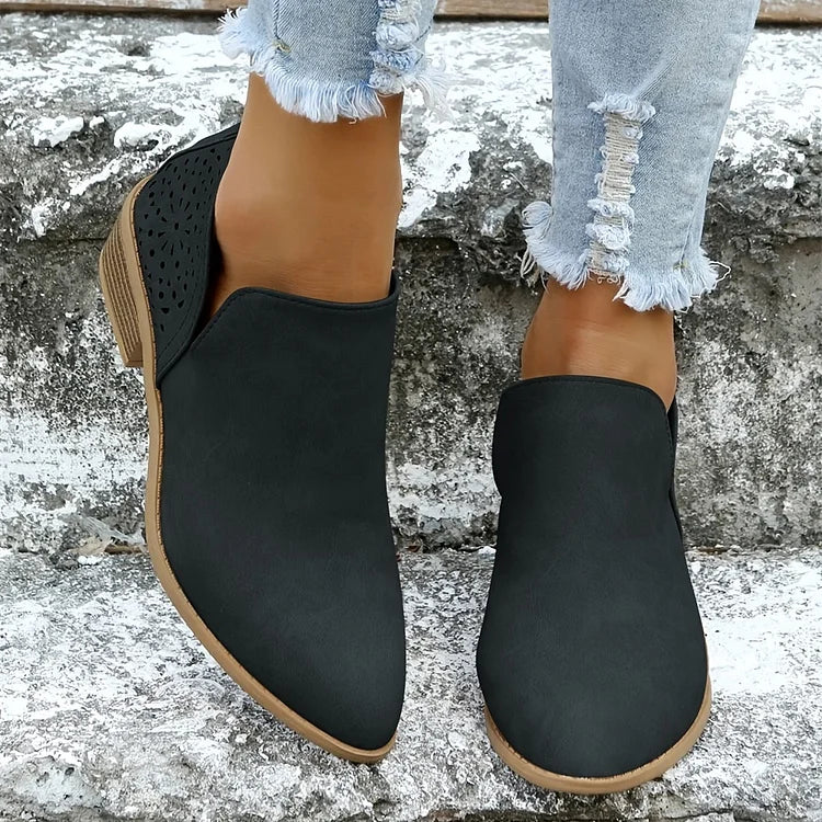 Women's Leather Low-Heel Shoes for Summer – Black