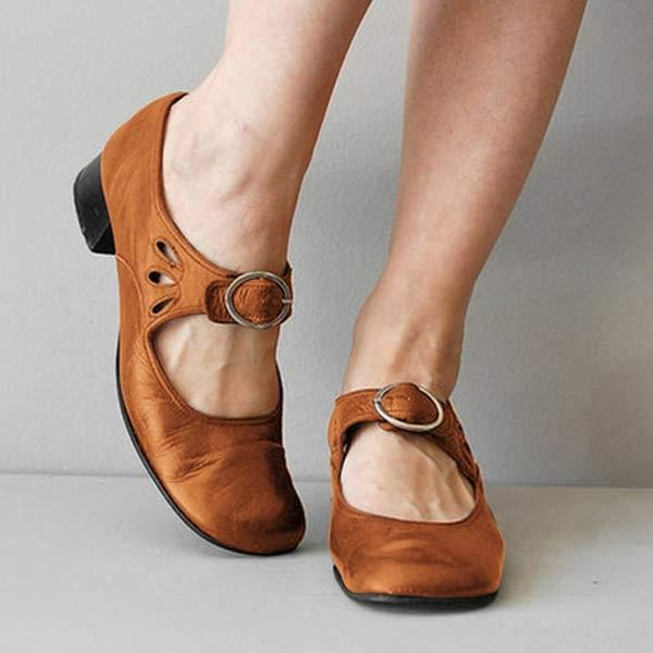 Women's Leather Low-Heel Shoes with Buckle – Brown
