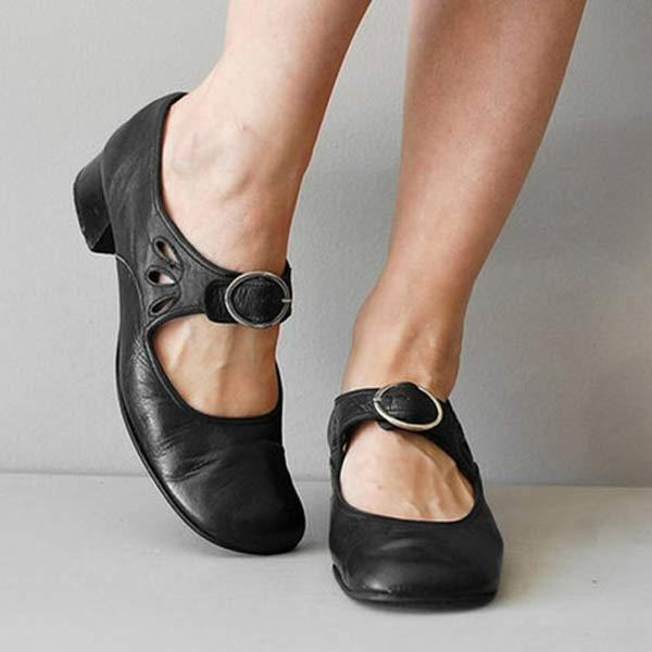 Women's Leather Low-Heel Shoes with Buckle – Black