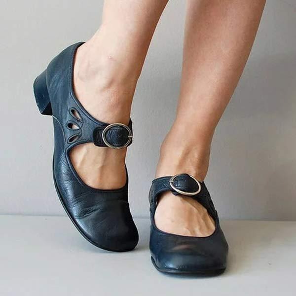 Women's Leather Low-Heel Shoes with Buckle – Blue