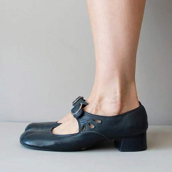 Women's Leather Low-Heel Shoes with Buckle – Blue