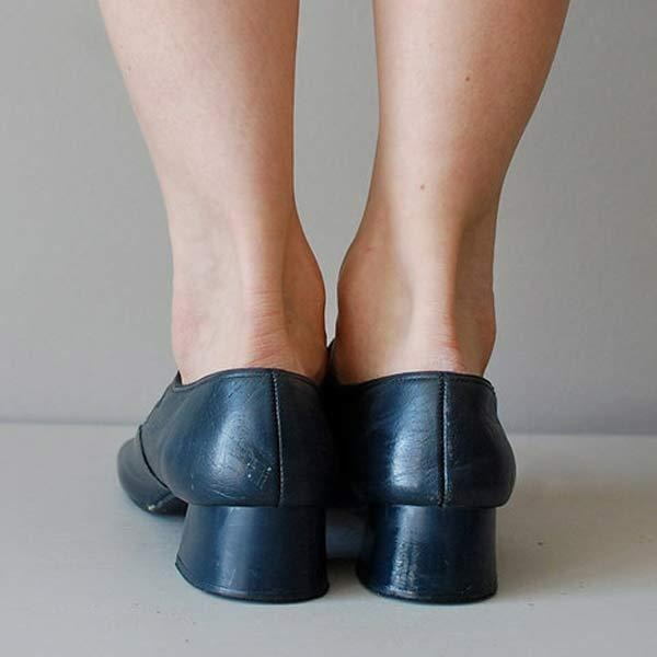 Women's Leather Low-Heel Shoes with Buckle – Blue