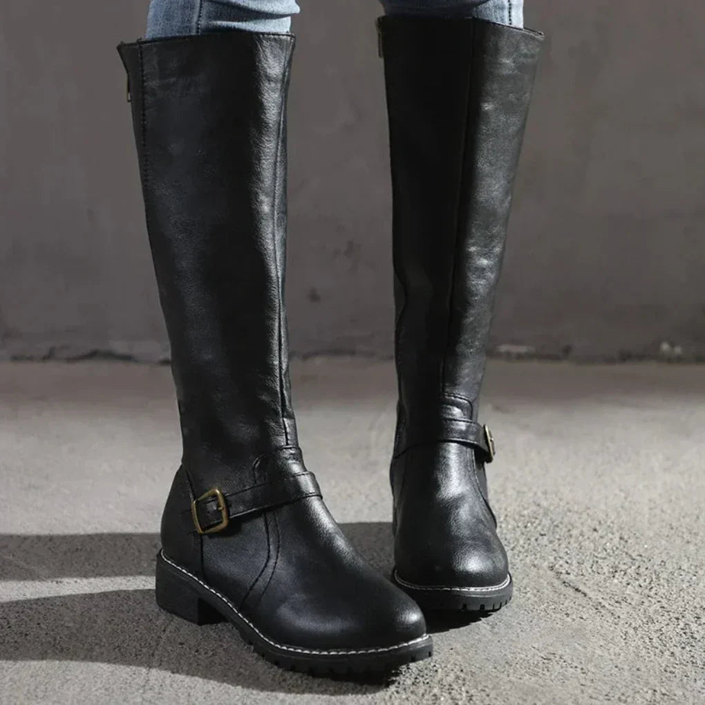 Women's Leather Over-the-Knee Heeled Boots – Black