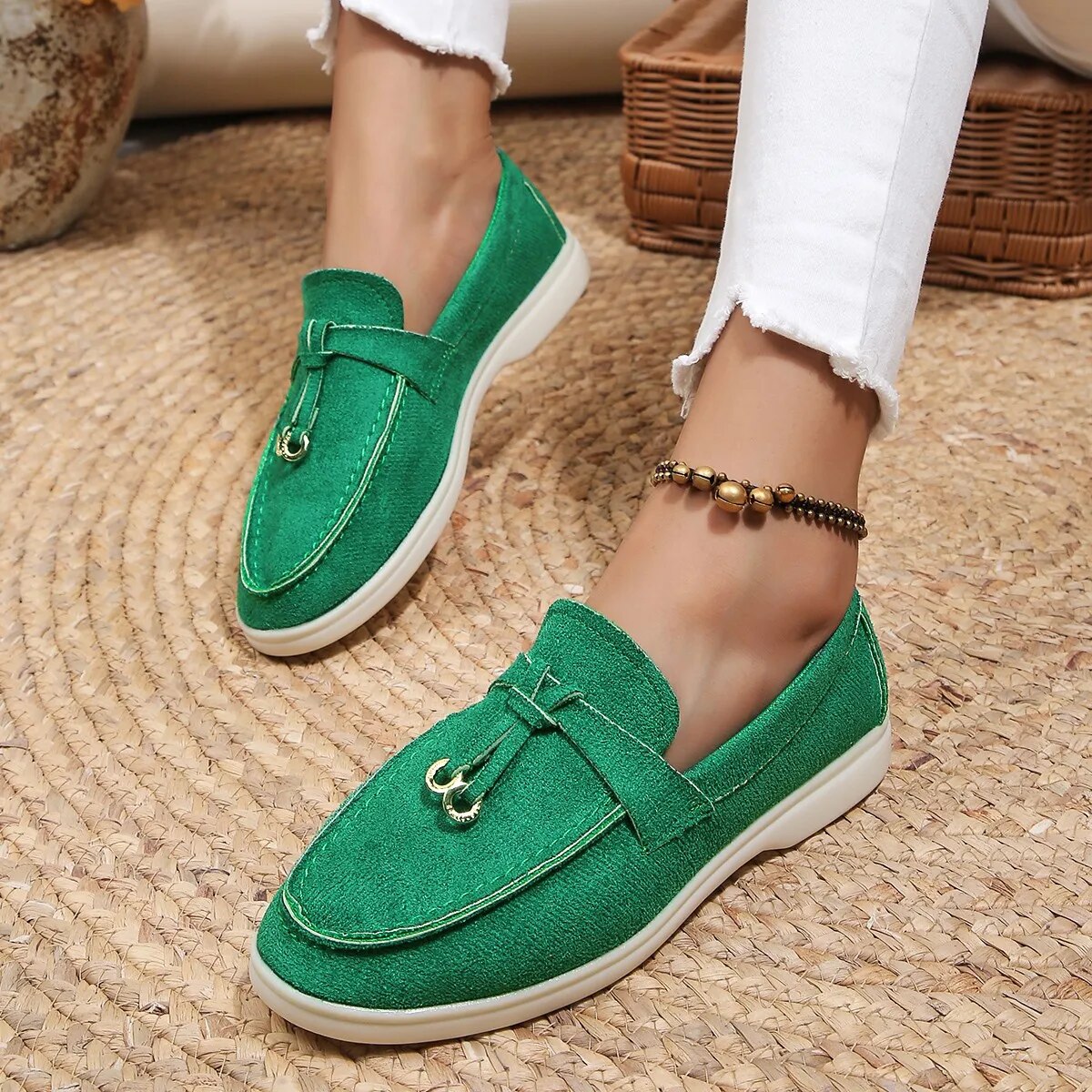 Women's Leather-Look Slip-On Loafers with Decorative Details – Green