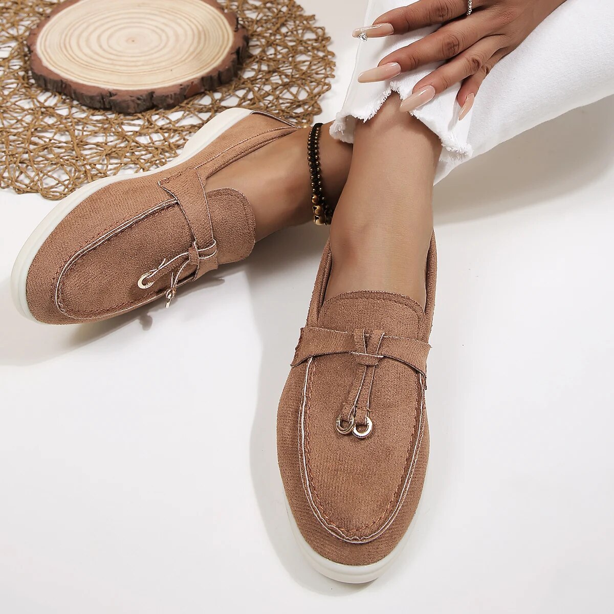 Women's Leather-Look Slip-On Loafers with Decorative Details – Brown