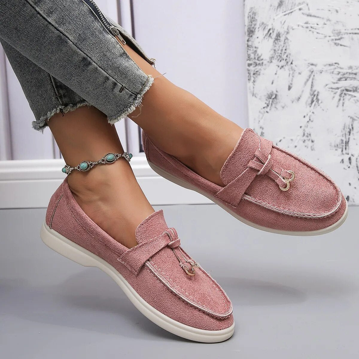Women's Leather-Look Slip-On Loafers with Decorative Details – Pink