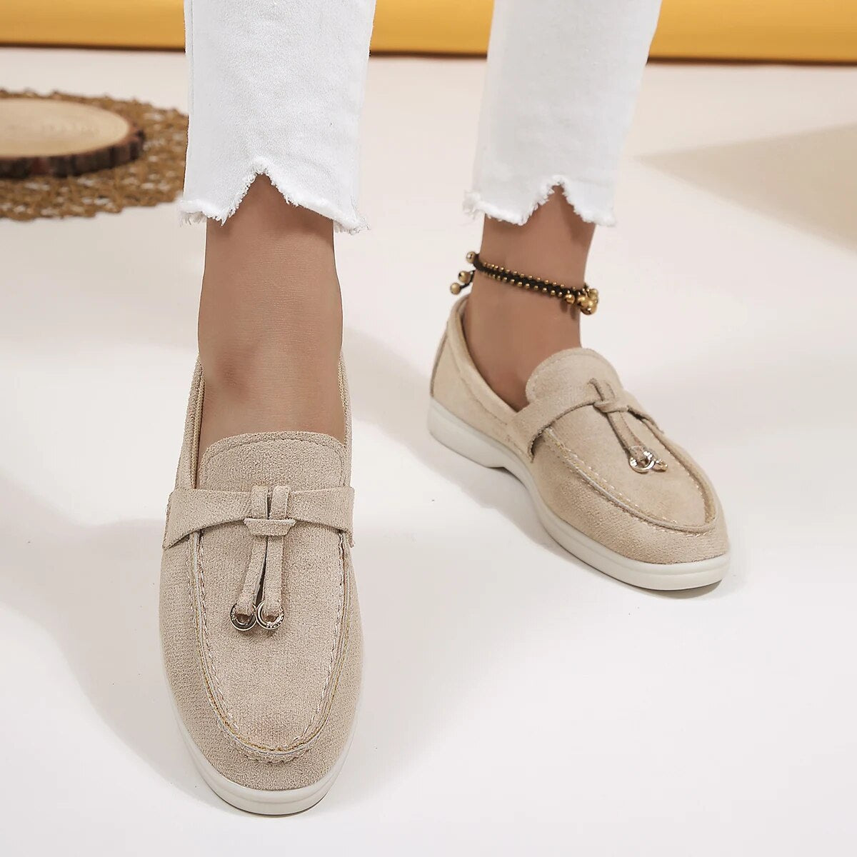 Women's Leather-Look Slip-On Loafers with Decorative Details – Khaki