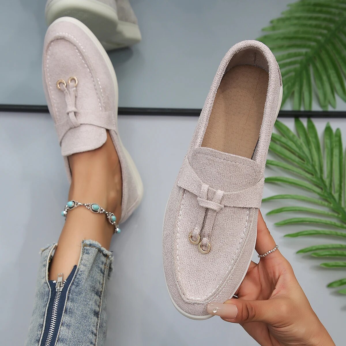 Women's Leather-Look Slip-On Loafers with Decorative Details – Beige