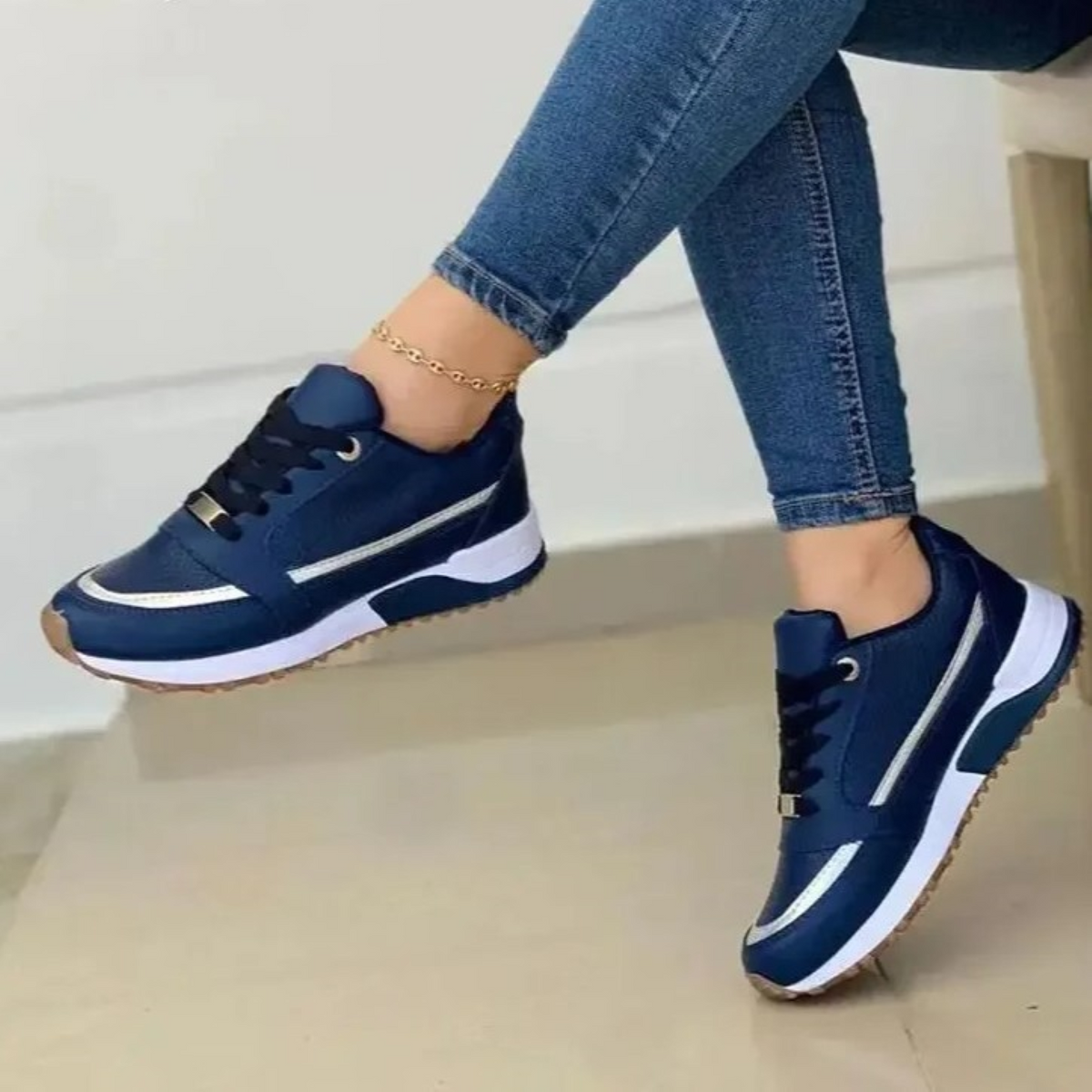 Women's Leather Sport Shoes with White Sole – Blue