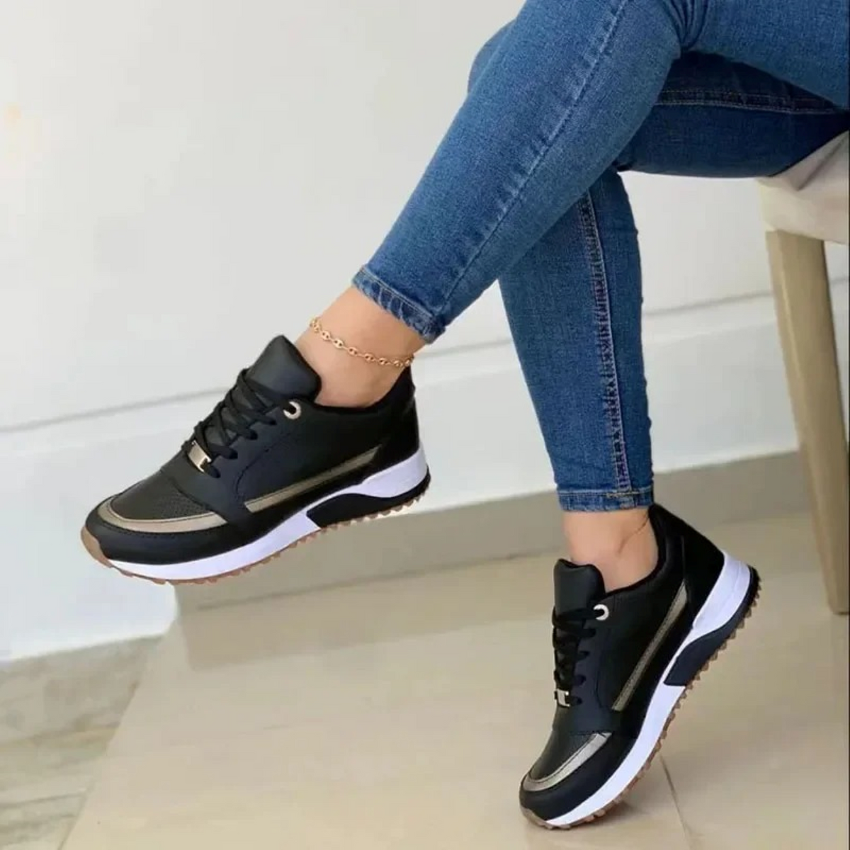 Women's Leather Sport Shoes with White Sole – Black