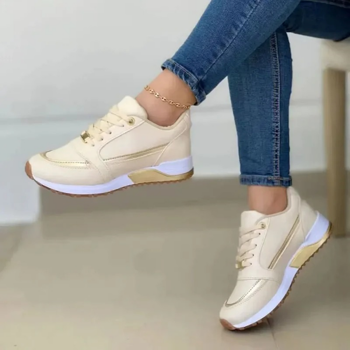 Women's Leather Sport Shoes with White Sole – Light Brown
