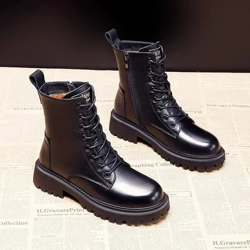 Women's Leather Winter Boots with Wool Lining – Black