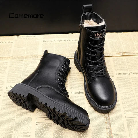 Women's Leather Winter Boots with Wool Lining – Black