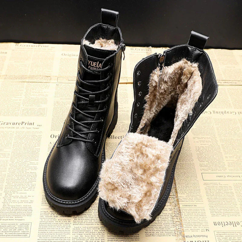 Women's Leather Winter Boots with Wool Lining – Black