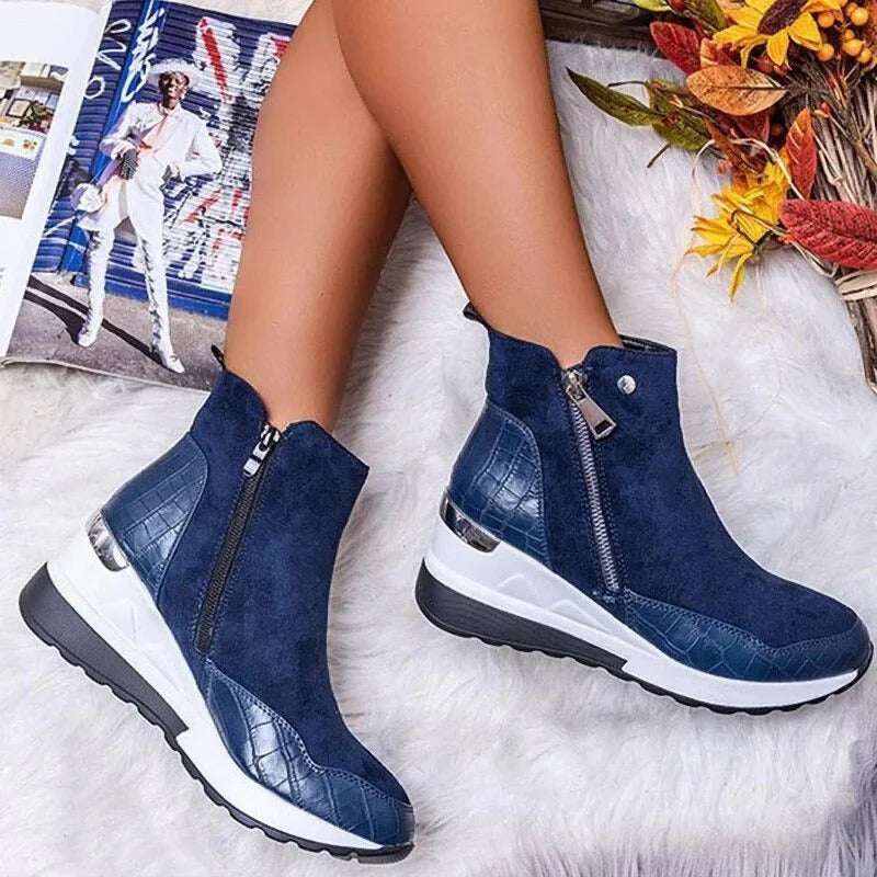 Women's Comfort Ankle Boots with Leather-Look Finish – Blue