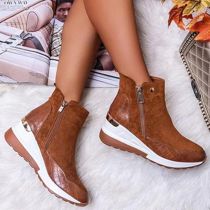 Women's Comfort Ankle Boots with Leather-Look Finish – Brown