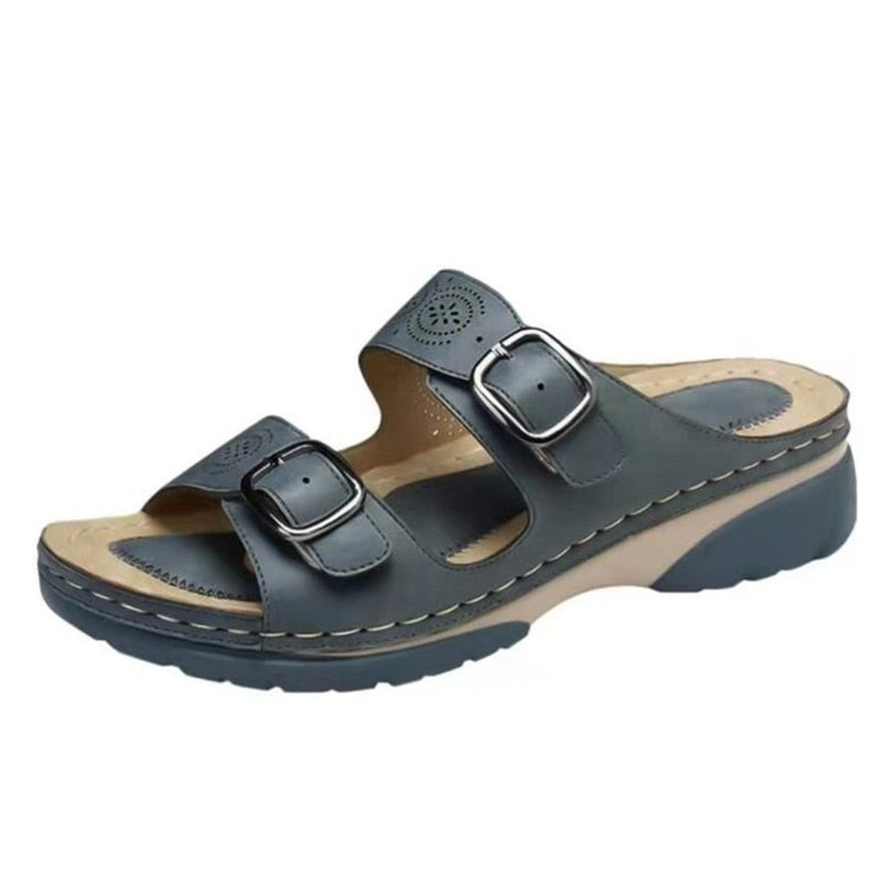 Women's Comfort Sandals with Double Buckles – Dark Blue