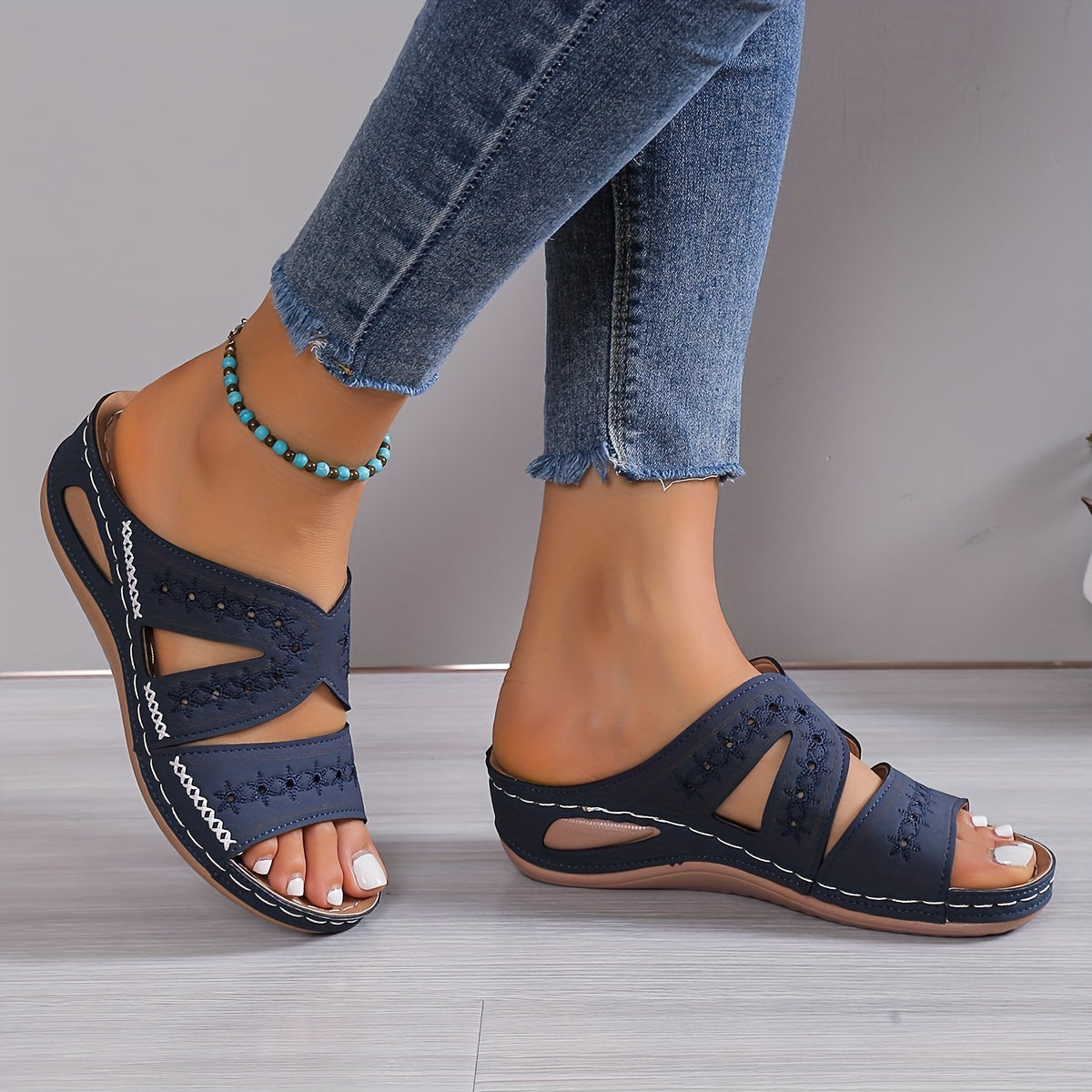 Women's Comfort Sandals with Wide Heel – Blue