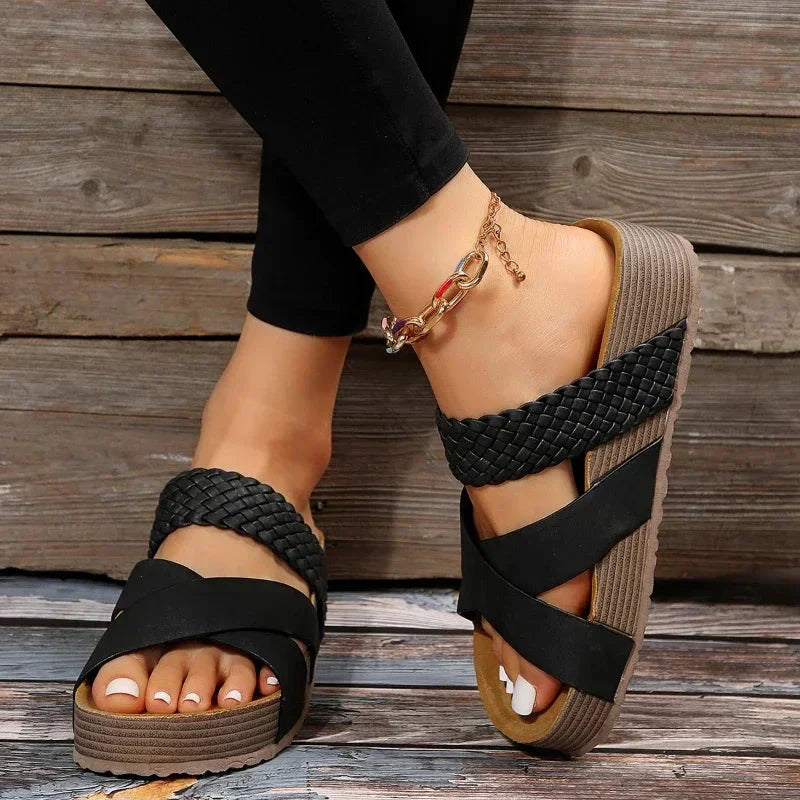 Women's Comfort Sandals with Woven Straps – Black