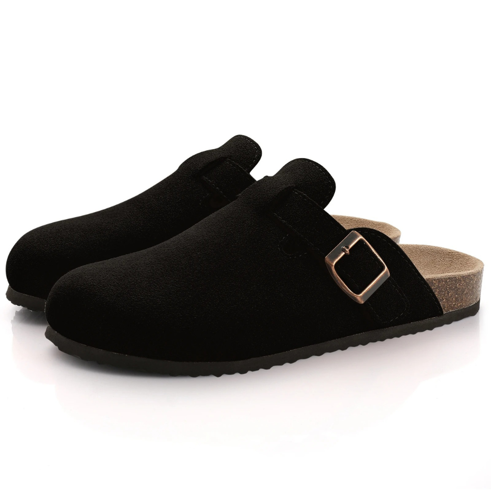 Women's Slides with Cork Footbed and Adjustable Buckle – Black