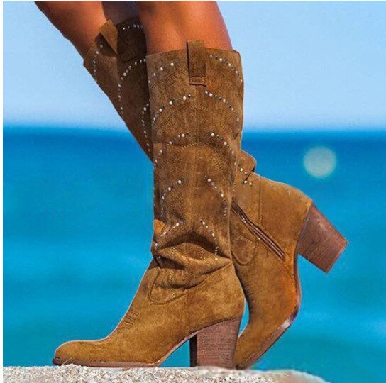 Women's Over-the-Knee Block-Heel Boots with Zip – Brown
