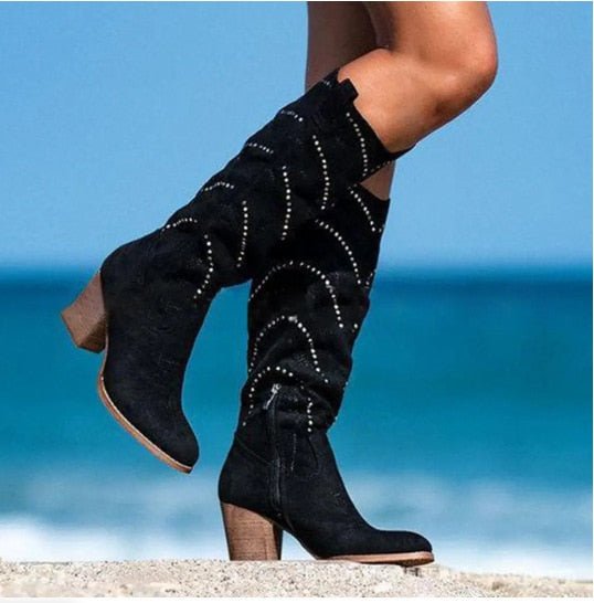 Women's Over-the-Knee Block-Heel Boots with Zip – Black
