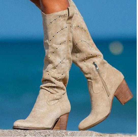 Women's Over-the-Knee Block-Heel Boots with Zip – Beige