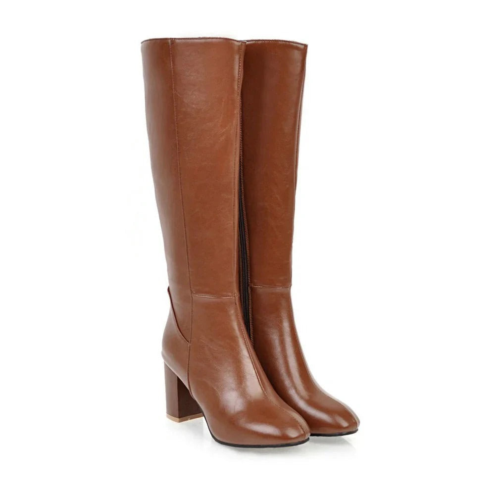 Women's Over-the-Knee Heeled Boots with Zip – Brown