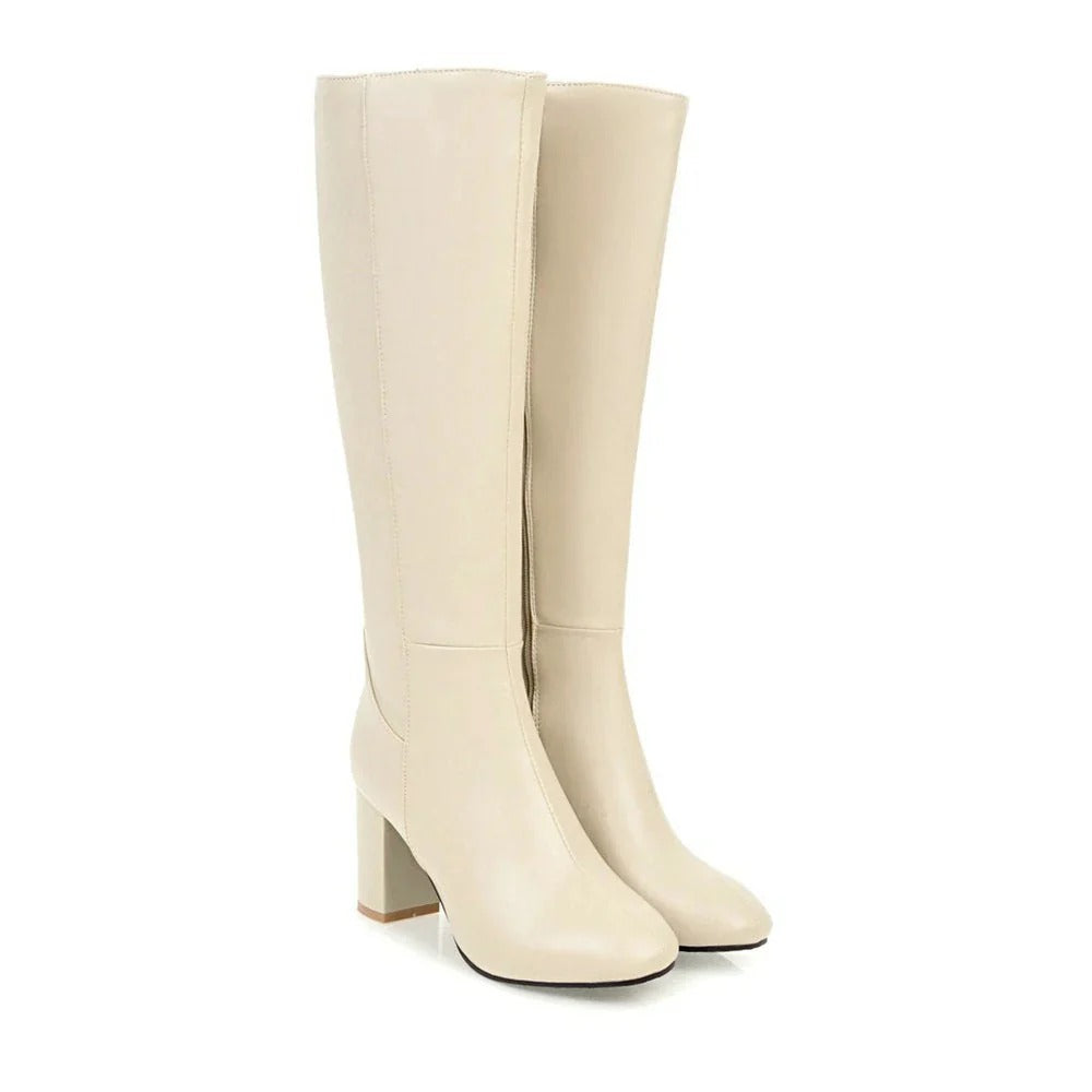 Women's Over-the-Knee Heeled Boots with Zip – Beige