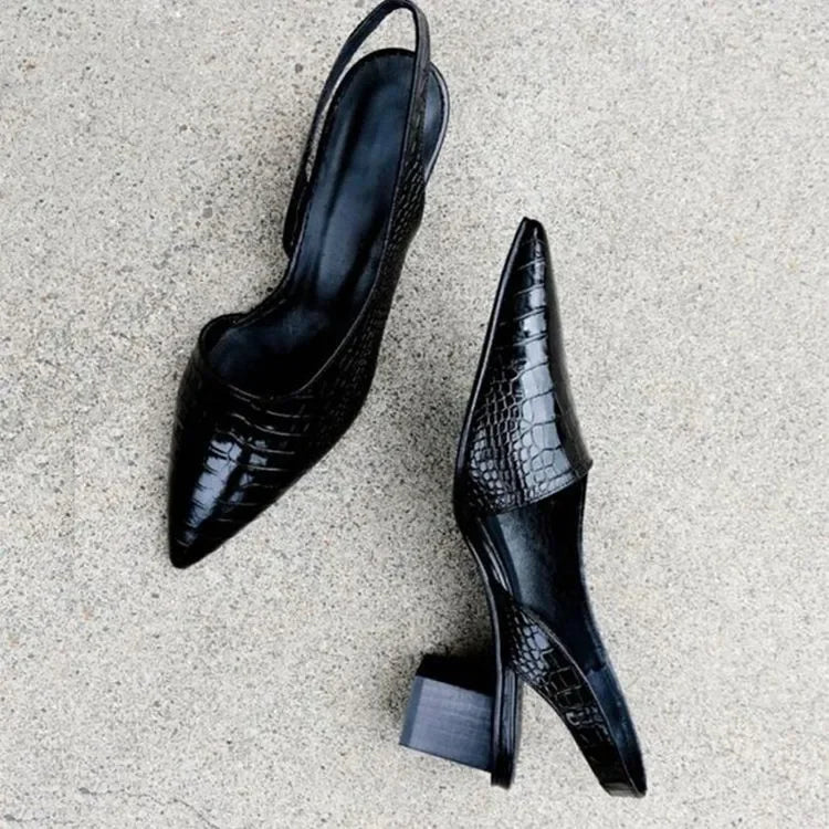 Women's Slingback Block-Heel Pumps with Pointed Toe – Dark Brown