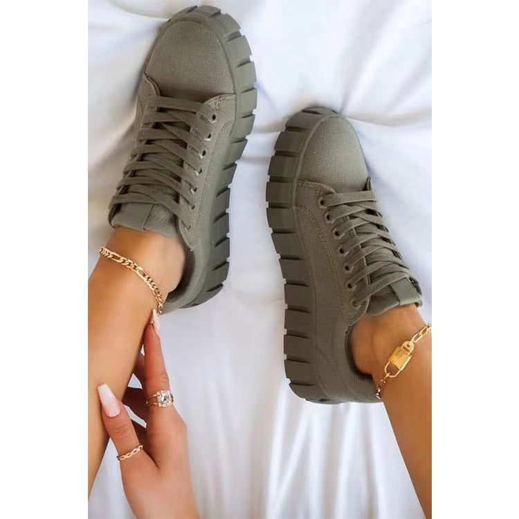 Women's Solid-Colour Lace-Up Sneakers – Green