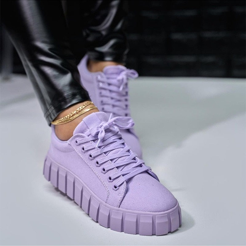 Women's Solid-Colour Lace-Up Sneakers – Purple