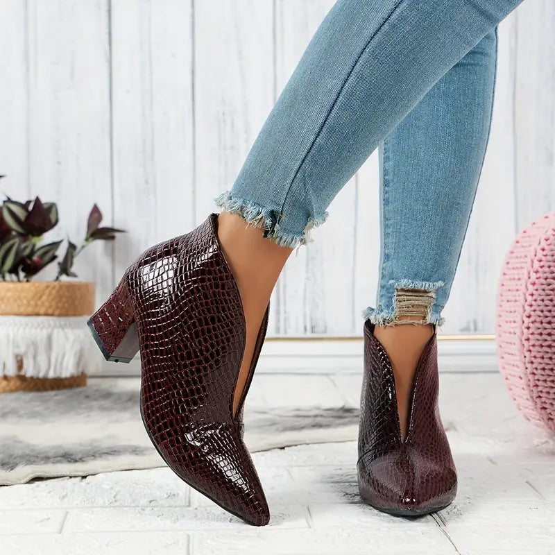 Women's Stiletto Ankle Boots with V-Cut – Burgundy