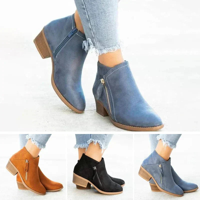 Women's Suede-Look Ankle Boots with Side Zip – Black